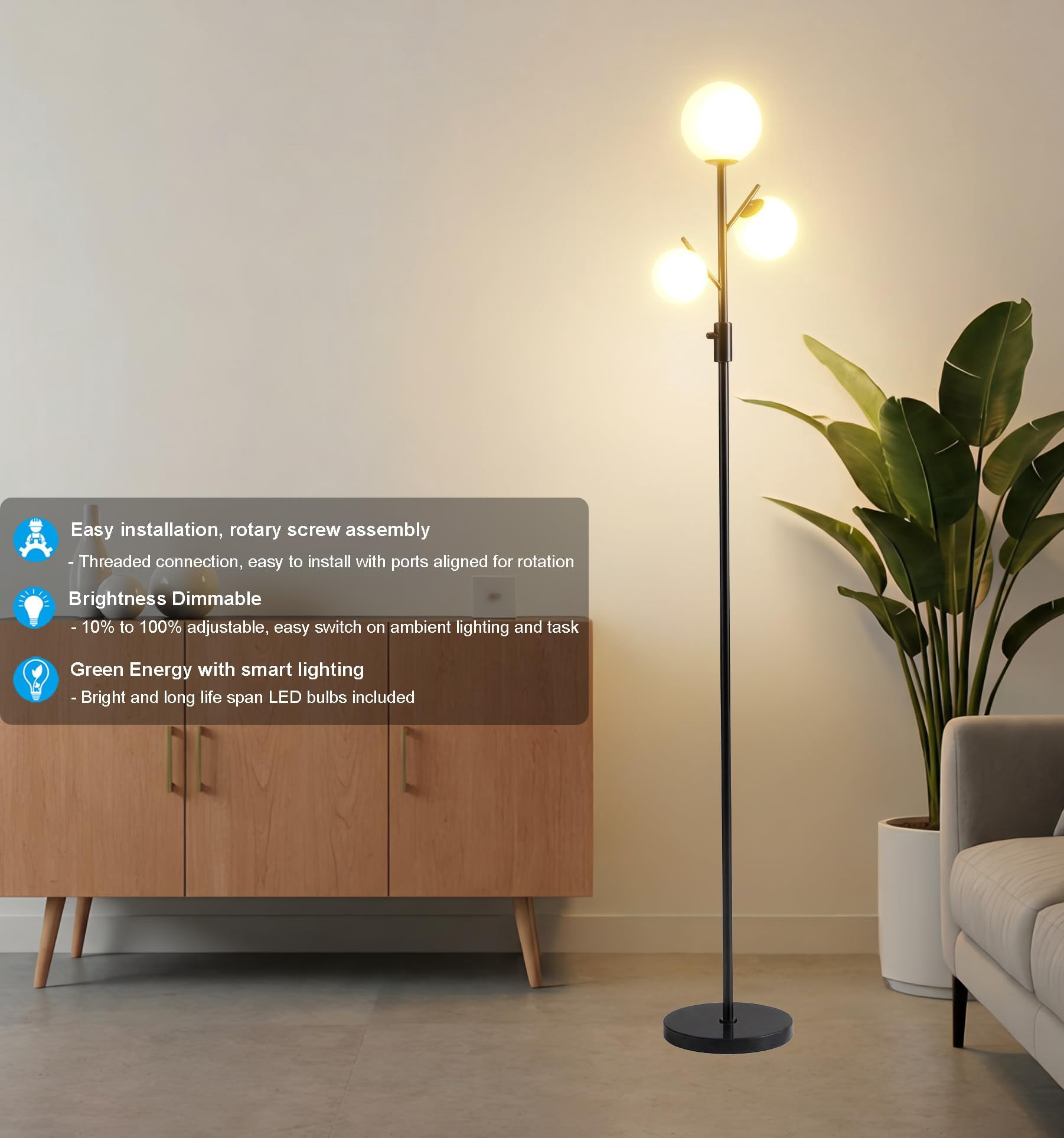 Mid Century Modern 3 Globe Tree Floor Lamp - Dimmable Led Standing With Bulbs  Warm Light For Living Room Bedroom Office Black