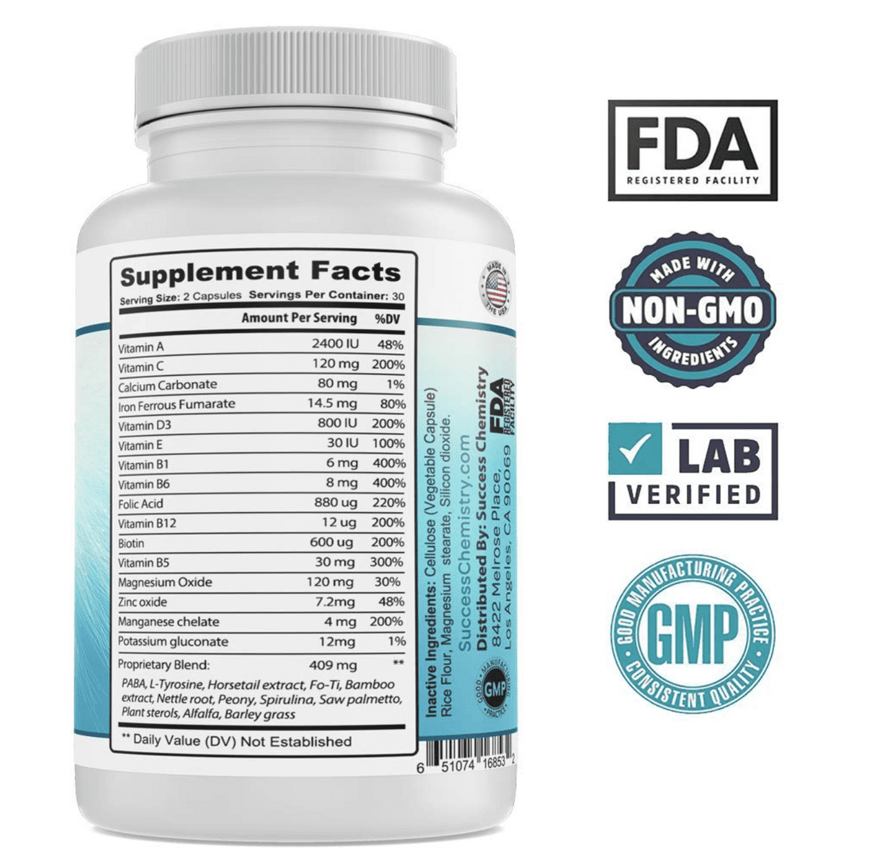 Success Chemistry Hair Growth Supplement For Longer with Saw Palmetto for Adults - 60 Capsules