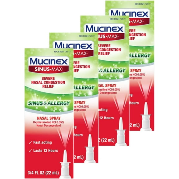 Mucinex Sinus-Max Nasal Spray for Sinus & Allergy, Fast-Acting & Fragrance Free, 12 Hour Severe Nasal Congestion Relief, 0.75 Fl Oz (Pack of 4)