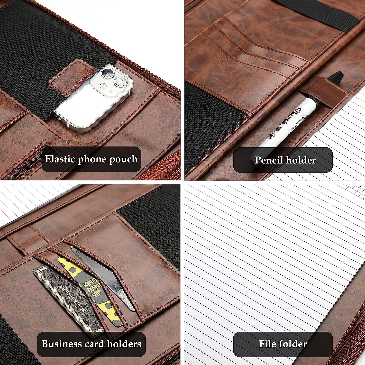 ProCase Portfolio Binder, Leather Padfolio File Folder Zipper Notepad Business Legal Document Holder with Tablet Sleeve, Phone Pouch, Card Organizer, Writing Pad -Brown