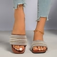thumbnail image 2 of Narveanno Women's Pearl Decor Square Toe Sandals Leather Open Toe Flat Slip On Slides Brown 9.5, 2 of 7