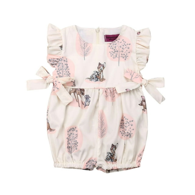 ITFABS Baby Summer DeerTrees Patterns Ruffle Sleeve Waist Bows Zip Romper