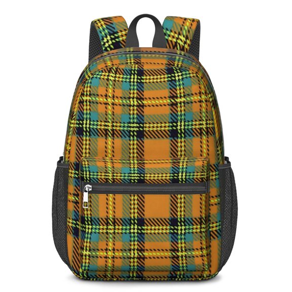 Orange and Blue Checkered Pattern 17" School Backpacks for Teens,Waterproof Oxford Fabric,S-Shape Padded Straps for School,Travel,Hiking,Camping