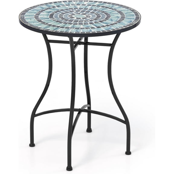 SgoodS 24 Inch Patio Bistro Table, Mosaic Round Table w/Ceramic Tile Tabletop, Heavy-Duty Metal Structure, Outdoor Dining Table for Backyard, Garden, Porch (Blue & Black (Sun Pattern))