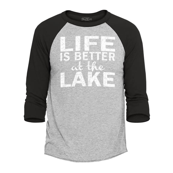 Shop4Ever Men's Life is Better At The Lake White Raglan Baseball Shirt X-Small Heather Grey/Black