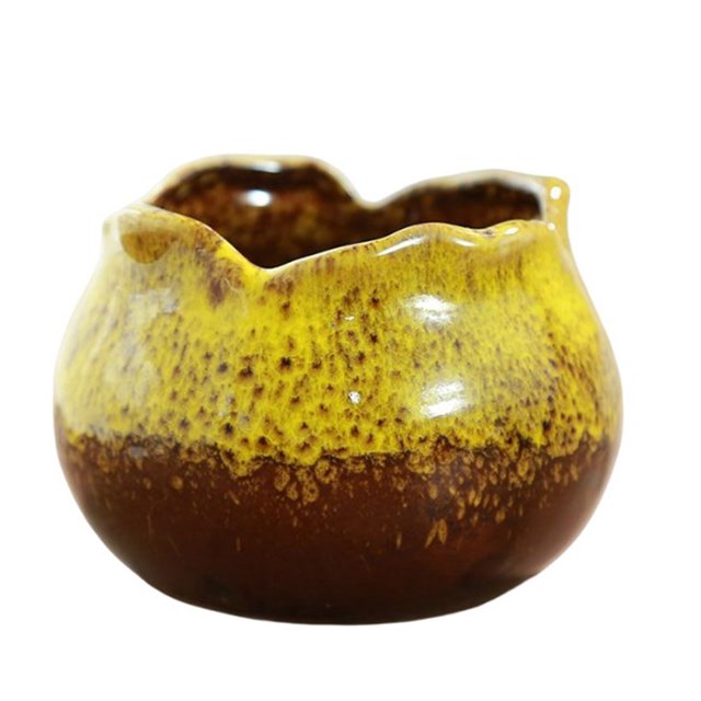 Wosthever Maceta de cerámica hecha a mano con borde de pétalo, maceta esmaltada para plantas, orificio de drenaje, maceta de escritorio para Jardín y Patio Amarillo