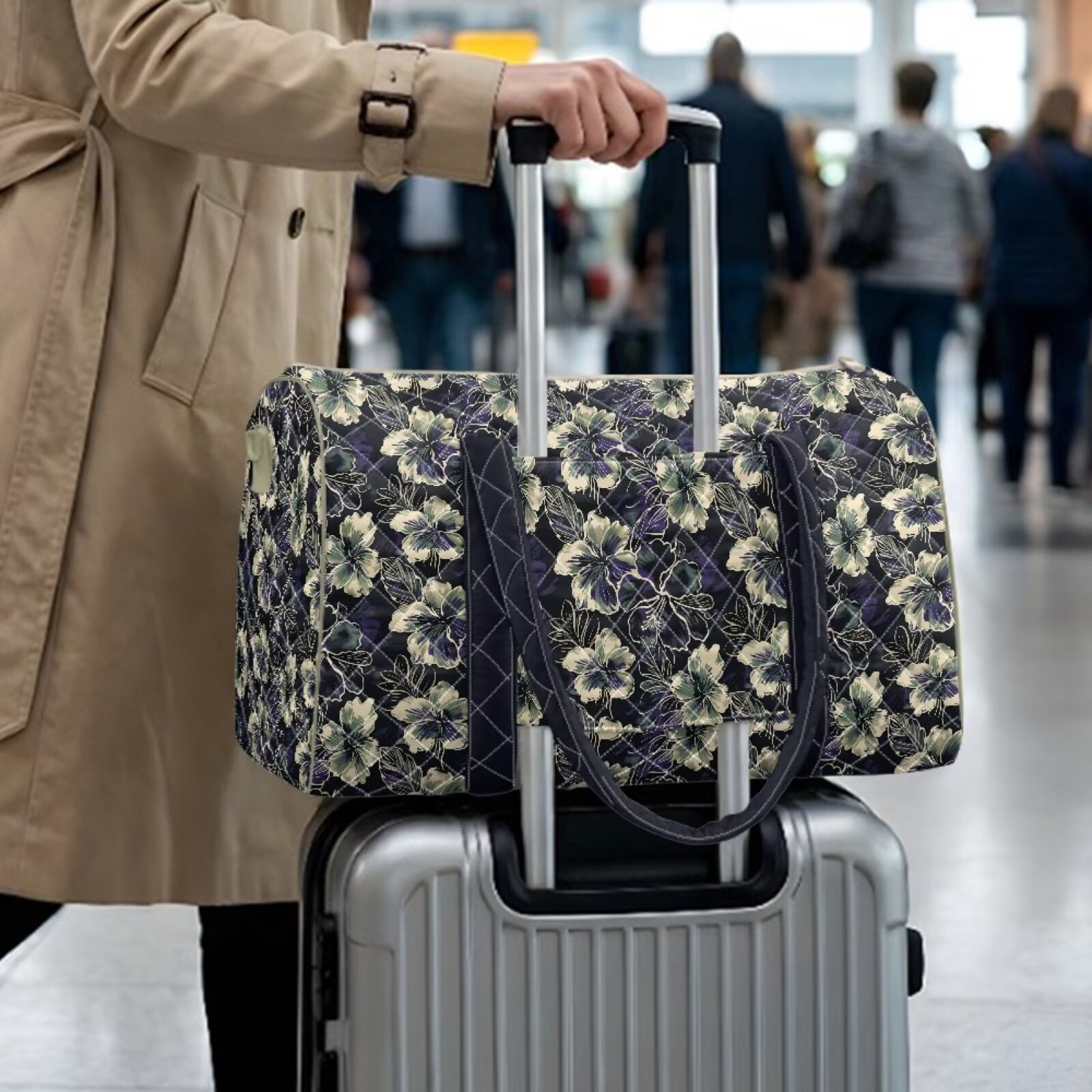 Chririnla Lightweight Travel Bags for Women Carry On Universal Fit Luggage with Quilted Fabric & Luggage Handle Strap Airplanes, Dark Hibiscus Print