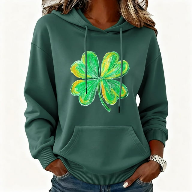 Xuyuer Womens St. Patrick's Day Clover Print Hoodie Casual Long Sleeve Sweatshirt Irish Shamrock Pullover Tops Sweatshirts Clover Print Shirts Casual Irish Gift Loose Fit Tops