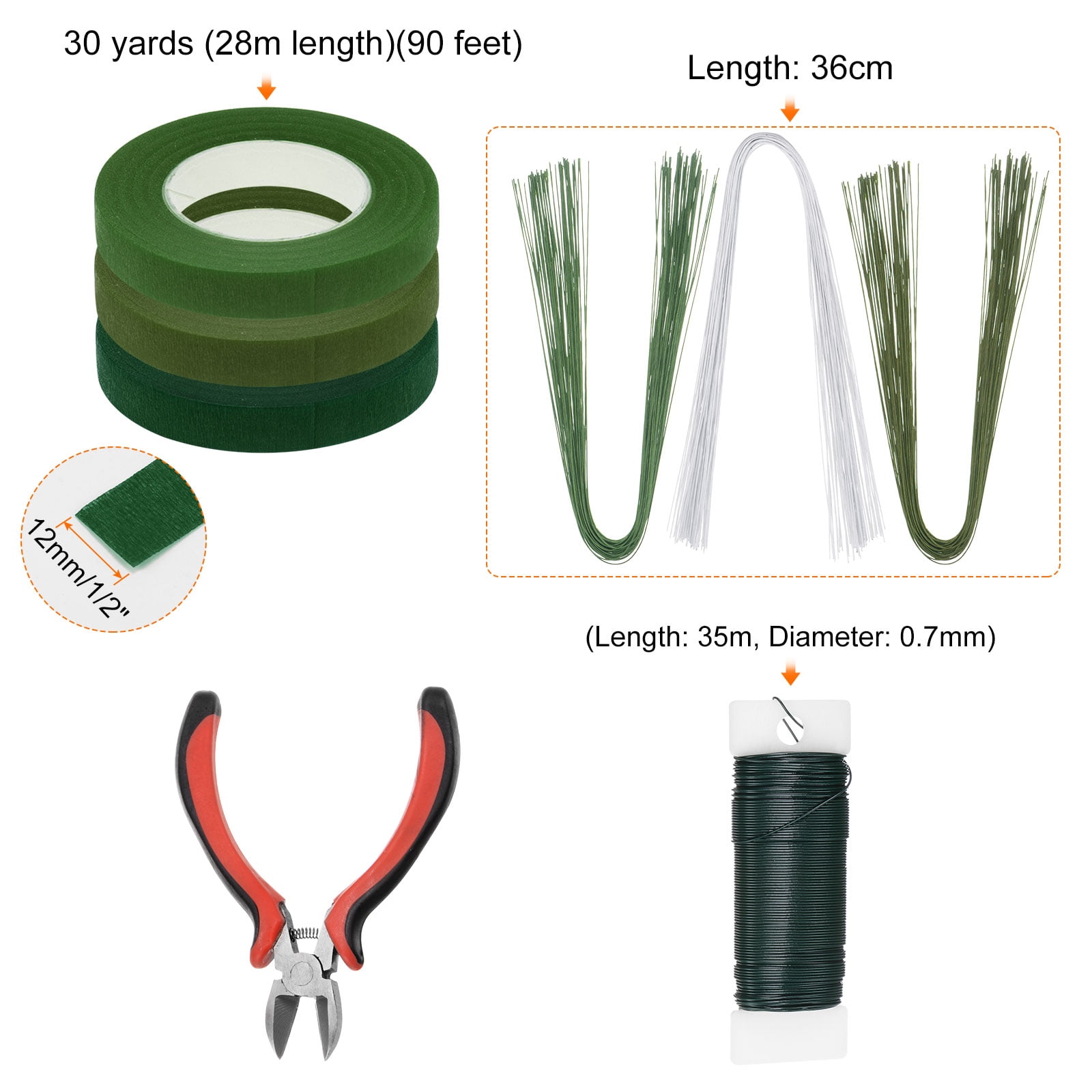 Uxcell 3 Rolls 30 Yards Floral Tape and Wire Cutter with Floral Stem Wire and 22 Gauge Green Floral Wire