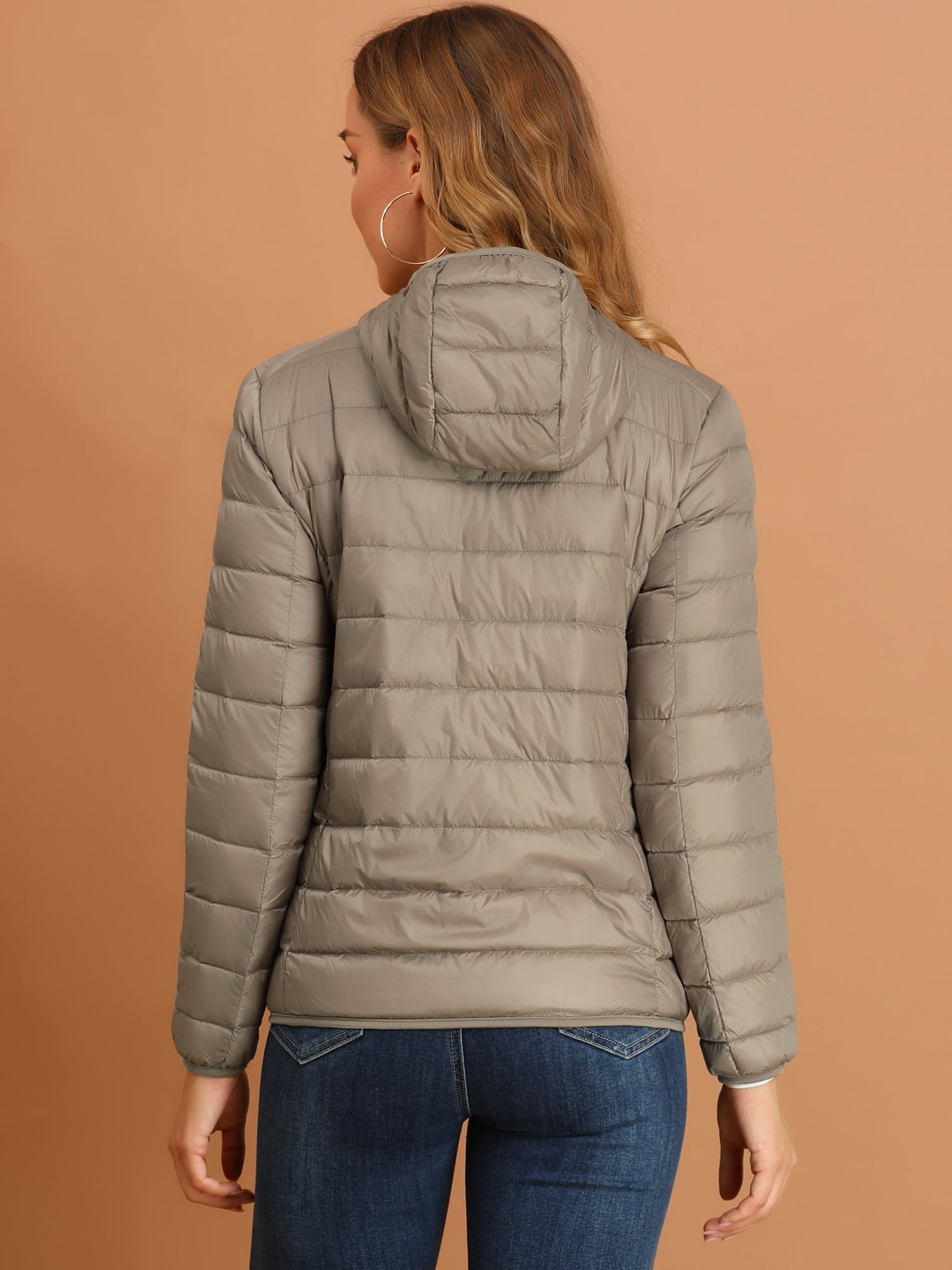 DARING DIVA Women's Hooded Zip Up Short Down Lightweight Jacket L Khaki