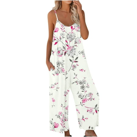 White Floral Graphic Loose Fit Coveralls for Ladies Fall Summer Casual Flared Bell Bottom Straight Leg Long Boot Cut Leg Overalls Pants One Piece Womens 2025 Clothing L