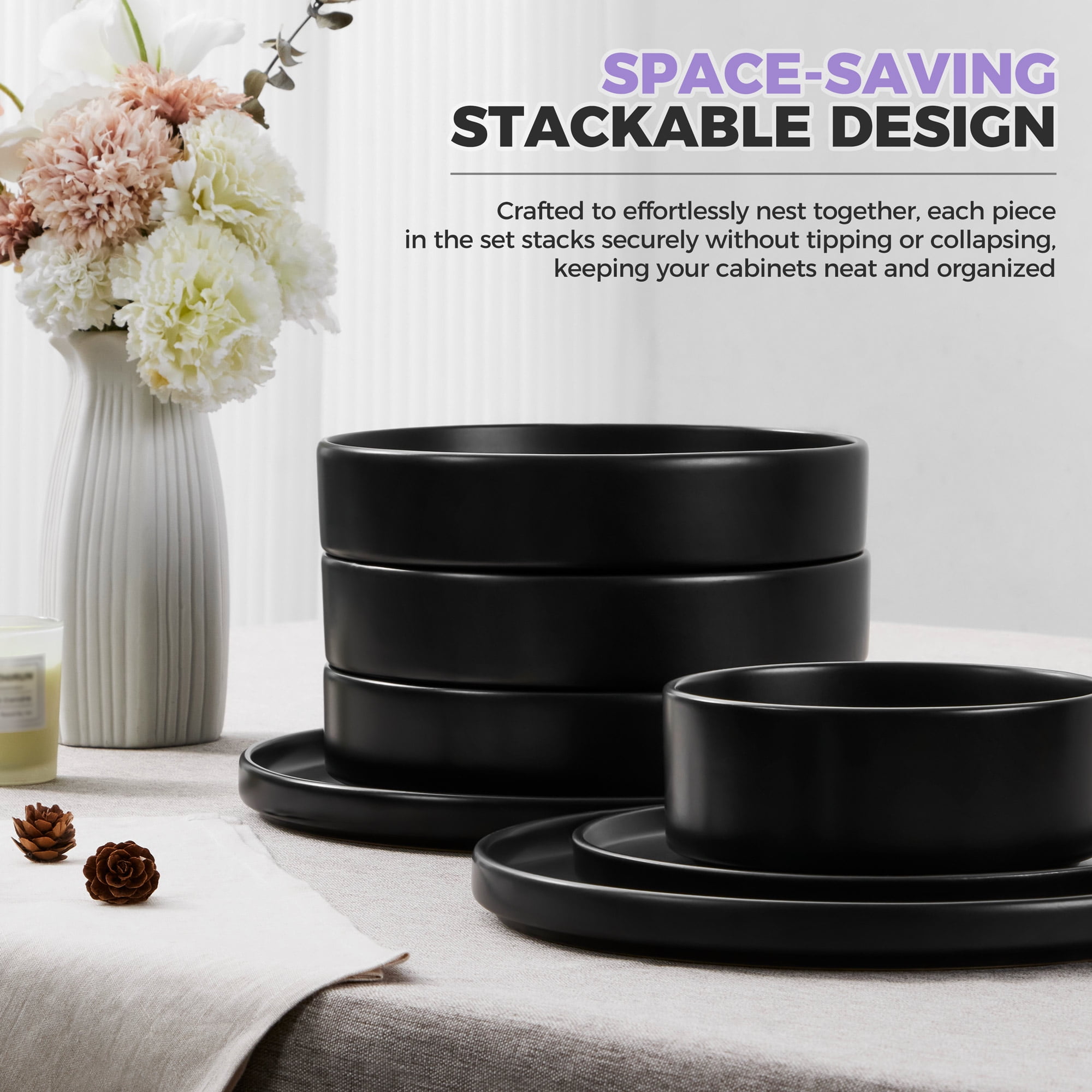 Vesteel 16 Pieces Dinnerware Sets, Premium Stoneware Dishes Set for 4, Ceramic Plates and Bowls Set for Home Restaurant, Microwave and Dishwasher Safe - Matte Black