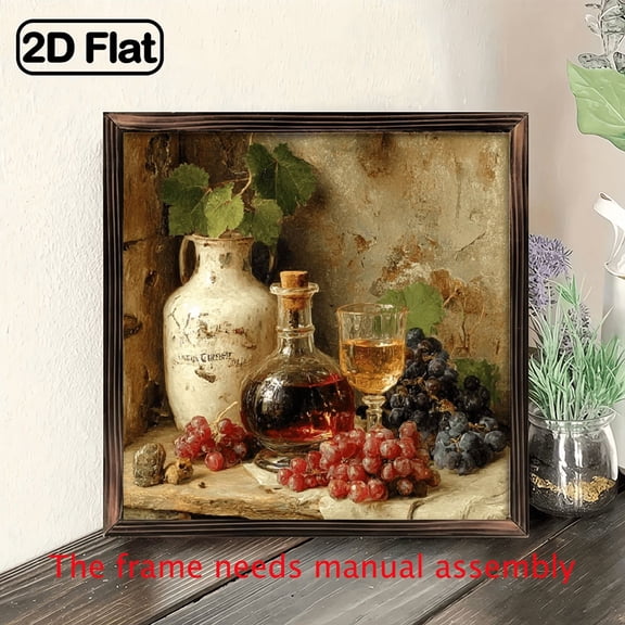 1pc Framed Still Life Grapes Wine Painting - Antique Wine Theme wooden board painting Canvas Art, 8x8 Inch Rustic Farmhouse Kitchen Wall Decor Suitable for Wine Cellar.