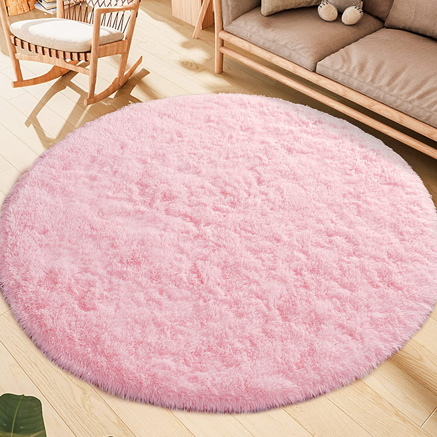 Junovo Round Fluffy Area Rugs For Kids Girls Princess Castle Plush Shaggy Carpet Cute Circle Nursery Rug For Kids Room Bedroom Living Room,4'x4',Pink