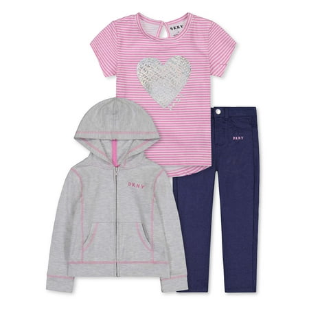 DKNY Toddler Girl Long Sleeve Zip-up Hoodie, Tie-front T-shirt & Knit Denim Cropped Jeans, 3pc Outfit Set (2T-4T)