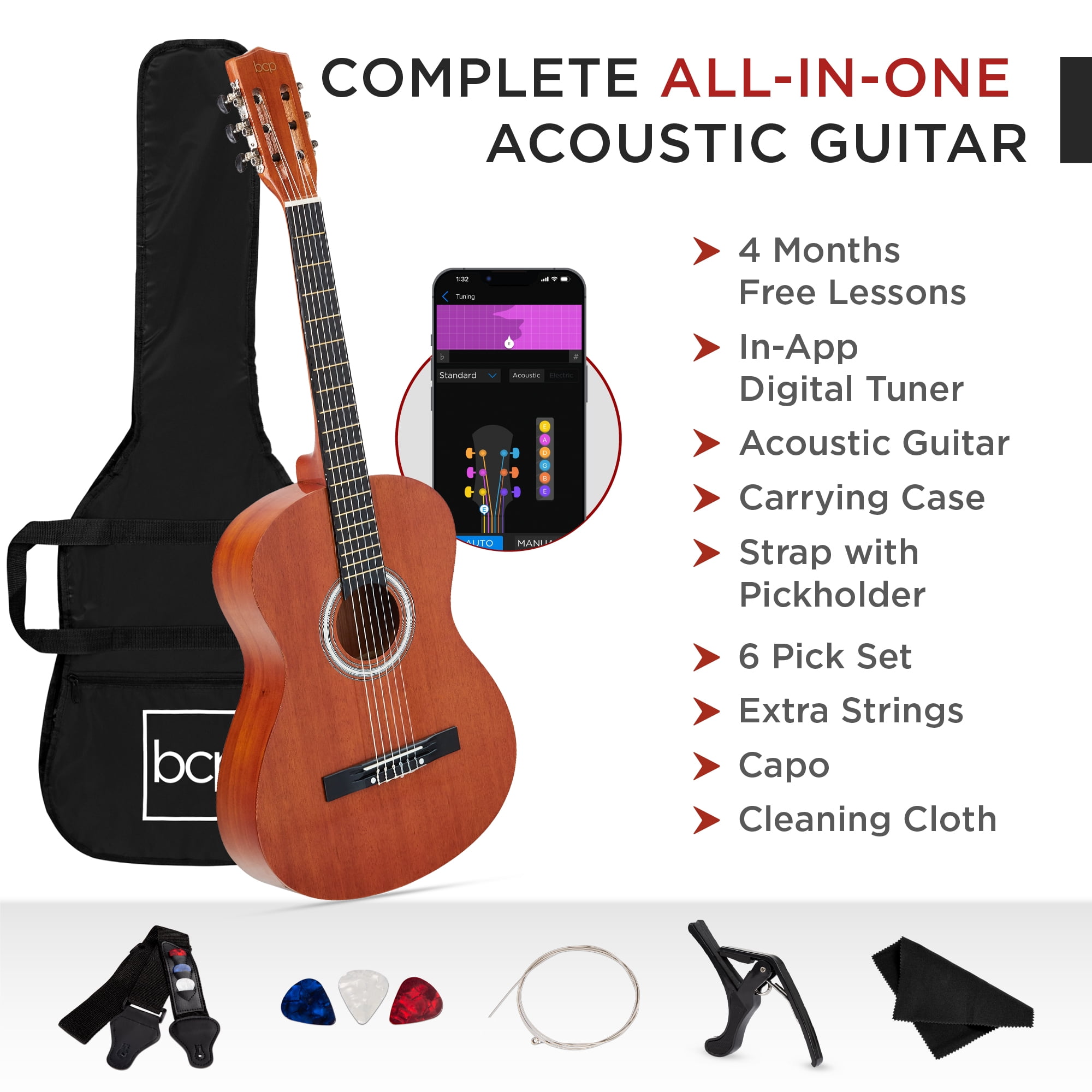 Best Choice Products 38in Beginner Acoustic Guitar Starter Kit w/ Gig Bag, Strap, Extra Strings - Natural Mahogany