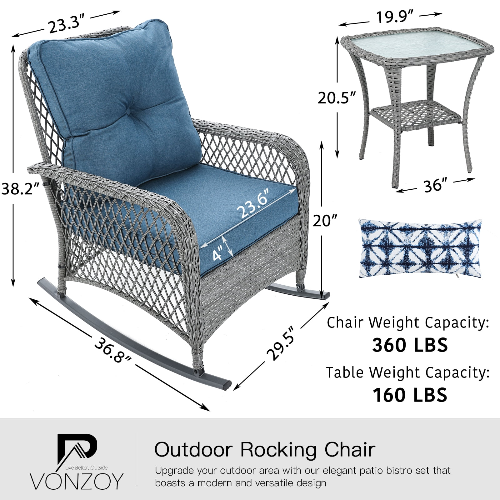 ELPOSUN 3-Piece Outdoor Rocking Chairs, Wicker Patio Furniture with Thickened Cushions and Table for Porch