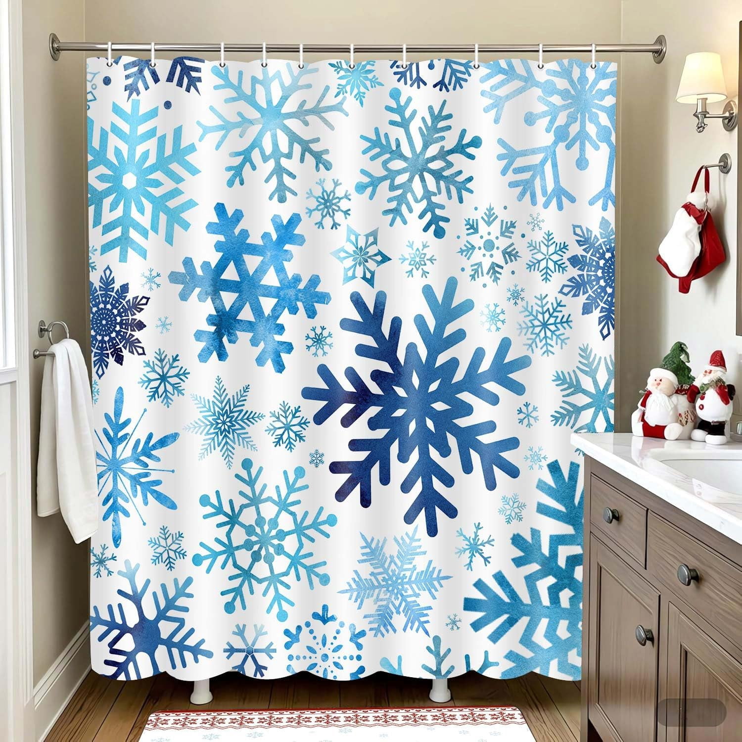 Christmas Shower Curtain Blue Snowflake Holiday Shower Curtain for Bathroom Decor, Fun Cute Festive Winter Bathroom Accessories 70X70IN Blue
