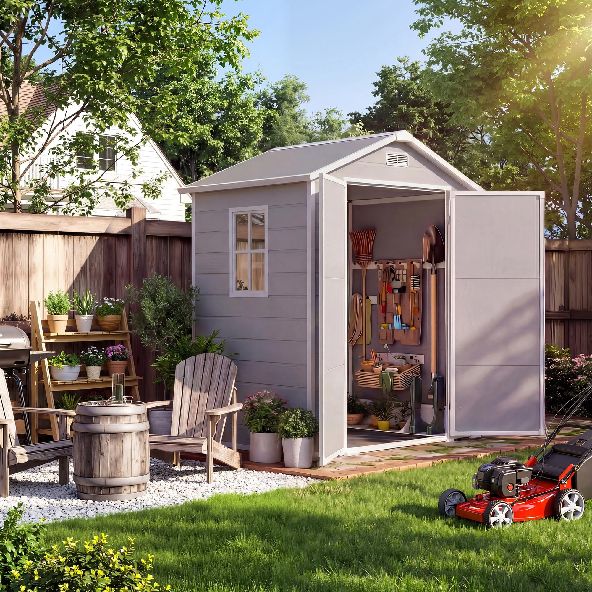 6x4 FT Plastic Resin Outdoor Storage Shed with Floor, Weatherproof Garden Shed with Window & Lockable Door for Tools, Bikes & Lawn Mowers-Gray