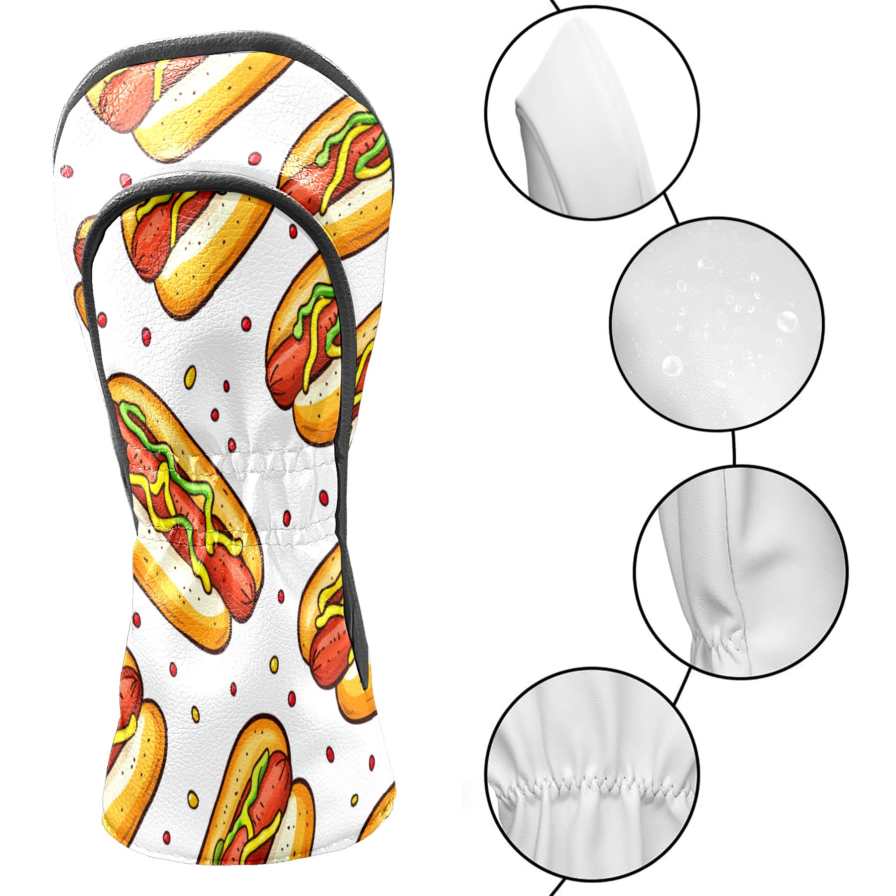 Golf Club Covers PU Leather Waterproof Head Covers for Fairway Woods Hybrids Hot Dog Pattern