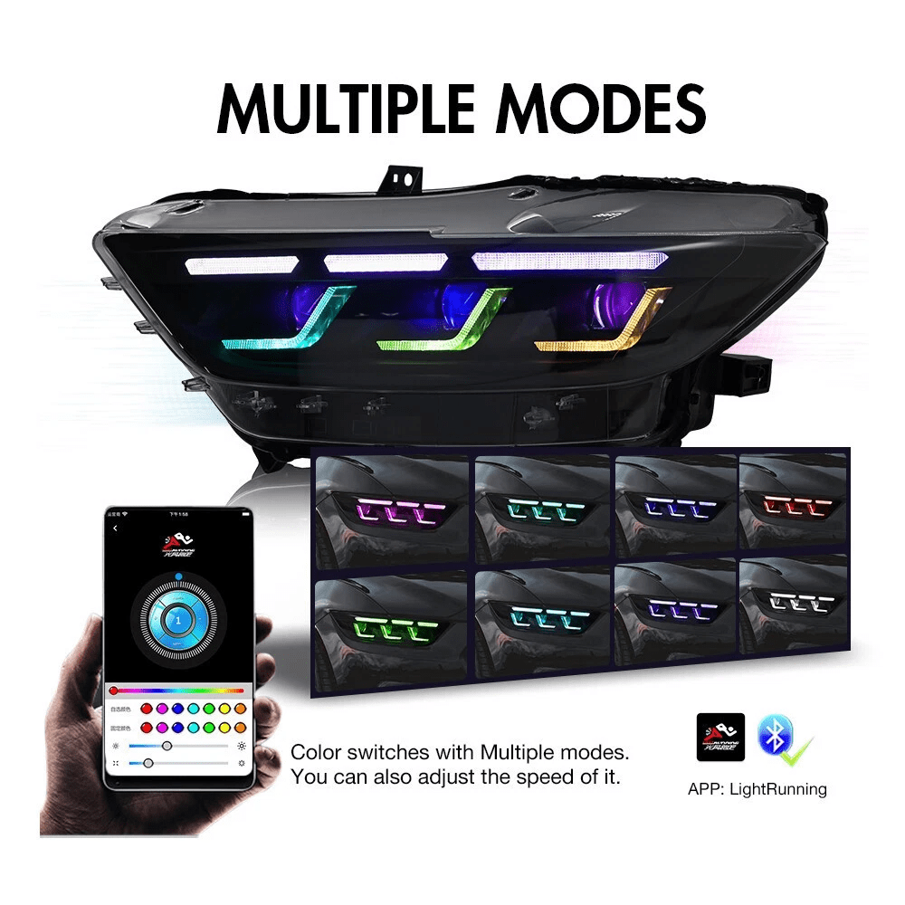 Woudy Pair RGB LED Headlights for Ford Mustang 2015 2016 2017 Head Front Lamp