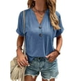 thumbnail image 3 of Franhais Women T-shirt, V-neck Short Sleeve Button Closure Solid Loose Summer Blouse Tops for Casual Daily, 3 of 6