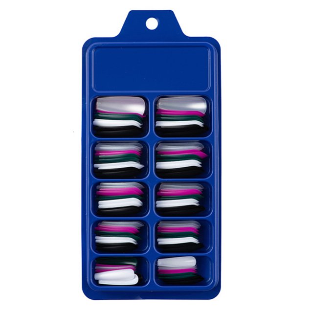 Uñas postizas largas estilo ballet en colores sólidos, 100 piezas en caja azul, diseño moderno para salones y uso en casa.
