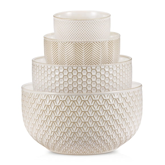 KooK Bols à Mélanger en Céramique, Ensemble Emboîtable de 4, Vaisselle de Cuisine Gaufrée, Préparation, Service, Cadeau, Va au Micro-Ondes et au Lave-Vaisselle, 20/44