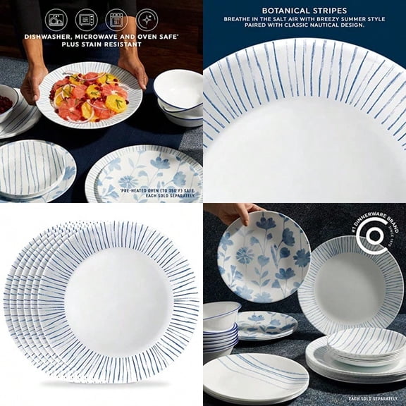 6-Piece 10.25 Vitrelle Glass Dinner Plates Lightweight Chip/Scratch Resistant - Botanical Stripes