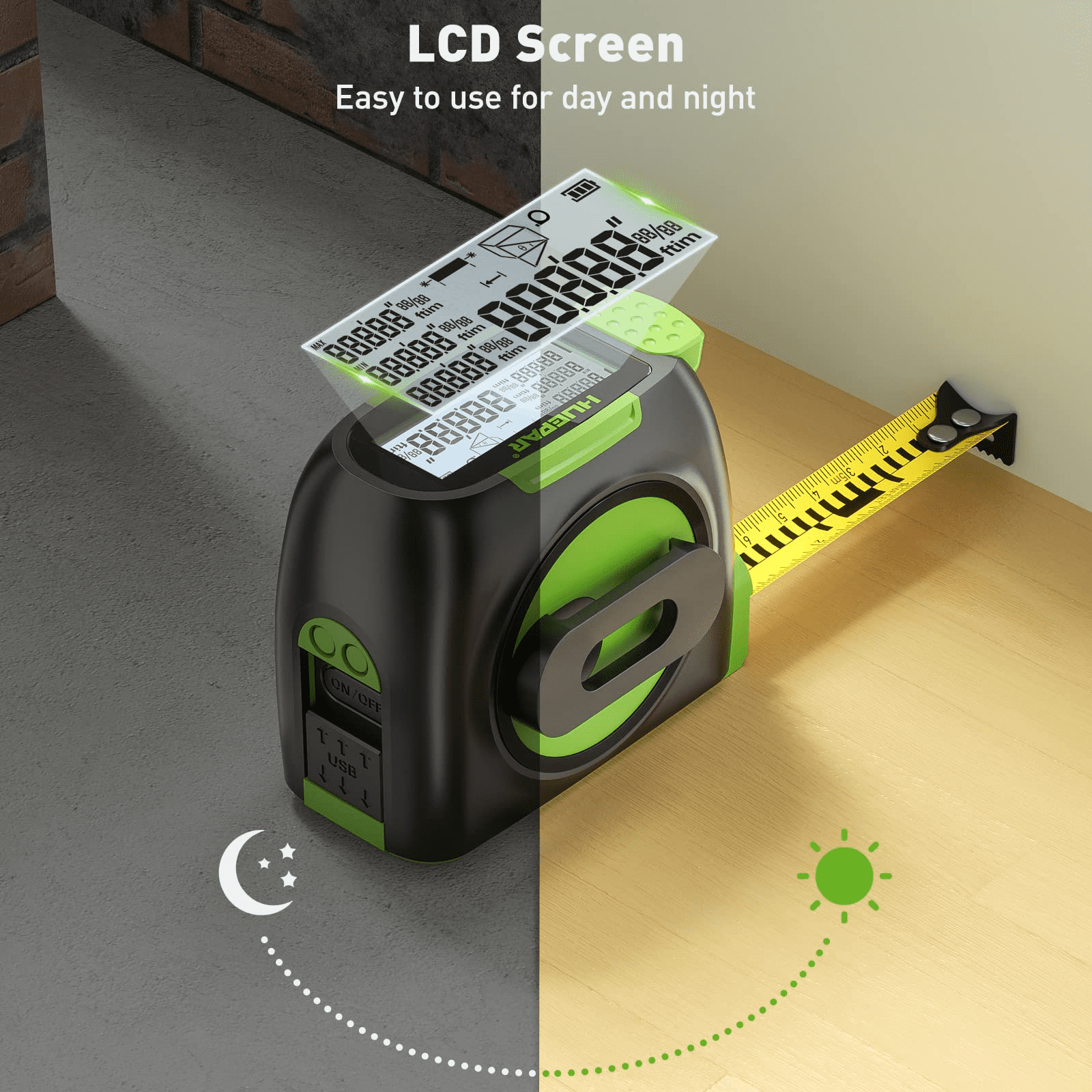Huepar 2-in-1 Laser Tape Measure, 197Ft Rechargeable Laser Measurement Tool & 16Ft Measure Tape with Backlit LCD -Pythagorean, Area, Volume, M/in/Ft Unit Switch Digital Distance Meter