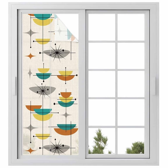 Boho Teal Yellow Orange Grey Privacy Window Film, Decorative Frosted Glass Window Film, Middle Century Geometric Reusable Peel and Stick Static Cling for Home Bathroom Office Glass Door 23.6"x59"