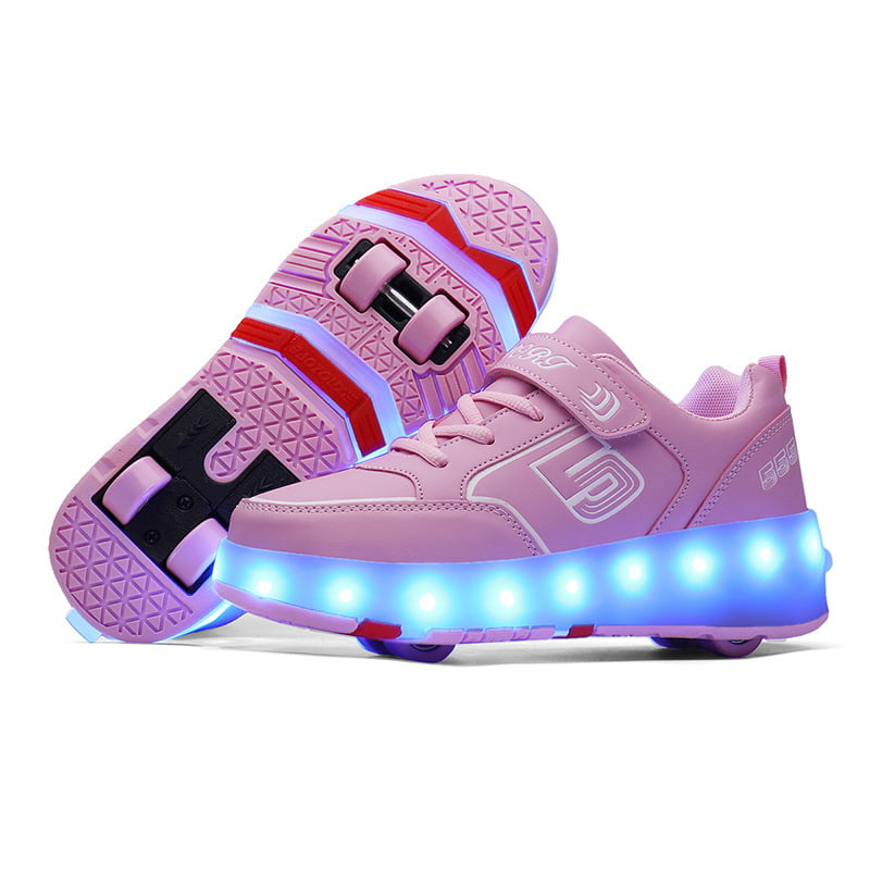 JYMEI Unisex Kids LED Double Wheel Roller Skate Shoes Luminous Skates Outdoor Gymnastics Fashion Sneaker Kids Technical Skateboarding Shoes With USB Charging,Gold-27 