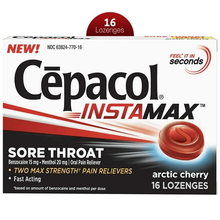Cepacol InstaMax Sore Throat Lozenges, Powerful Symptom Relief, Oral Pain Reliever, Arctic Cherry Flavor with a Burst of Cool Menthol, 16 Lozenges