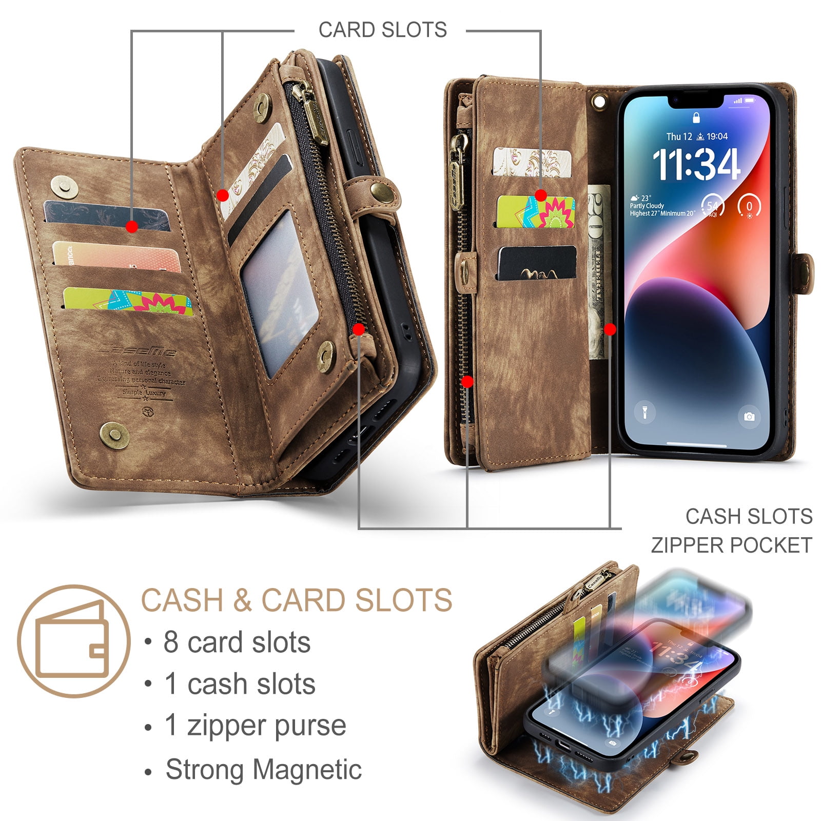 For Apple iPhone 15 Plus Wallet Case,Multi-Functional Retro Leather Purse Flip Cover Zipper Wallet Case with Removable Card Slots Pocket & Detachable Wrist Strap Magnetic Phone Case, Darkbrown
