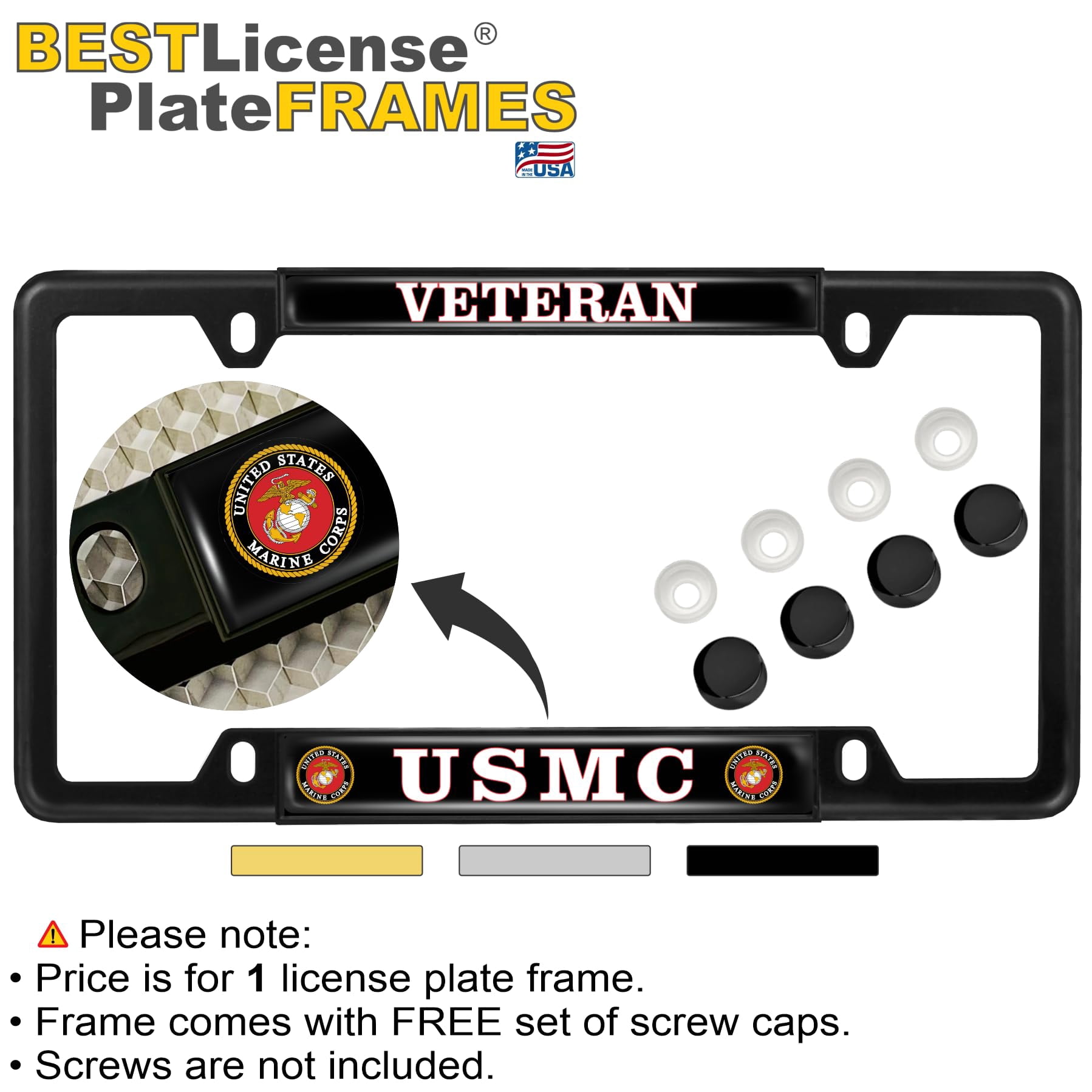 [Officially Licensed US Marine Corps Product] - USMC Veteran - Domed Custom-Made Personalized Narrow (Thin) Top 4 Hole Metal Car License Plate Frame with Free caps - Black Frame (Qty: 1)