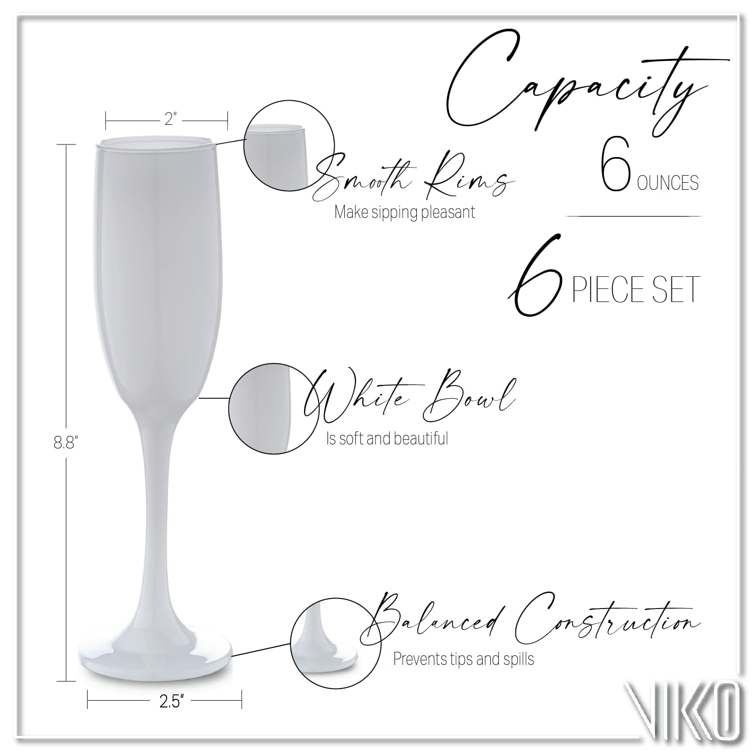 Vikko Dcor White Champagne Flutes | 6 Ounce Capacity  Perfect for Parties, Weddings, and Everyday  Thick and Durable  Dishwasher Safe  Set of 6 Sparkling Wine Glasses