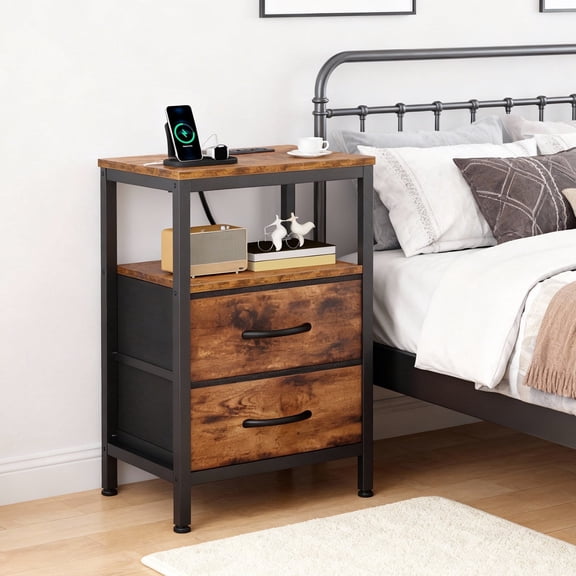 KPUY Night Stand with Charging Station, Bedside Table End Table with USB Ports & Type-C, 2 Fabric Drawers, Open Storage Shlef, Rustic Brown