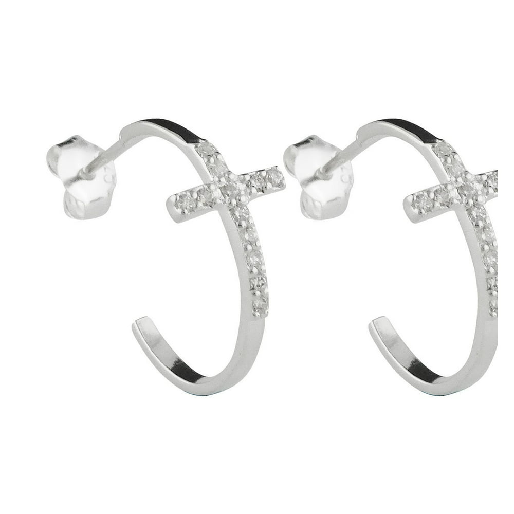 Fashionjunkie4Life - CZ Cross Hoop Post Earrings - 925 Sterling Silver ...