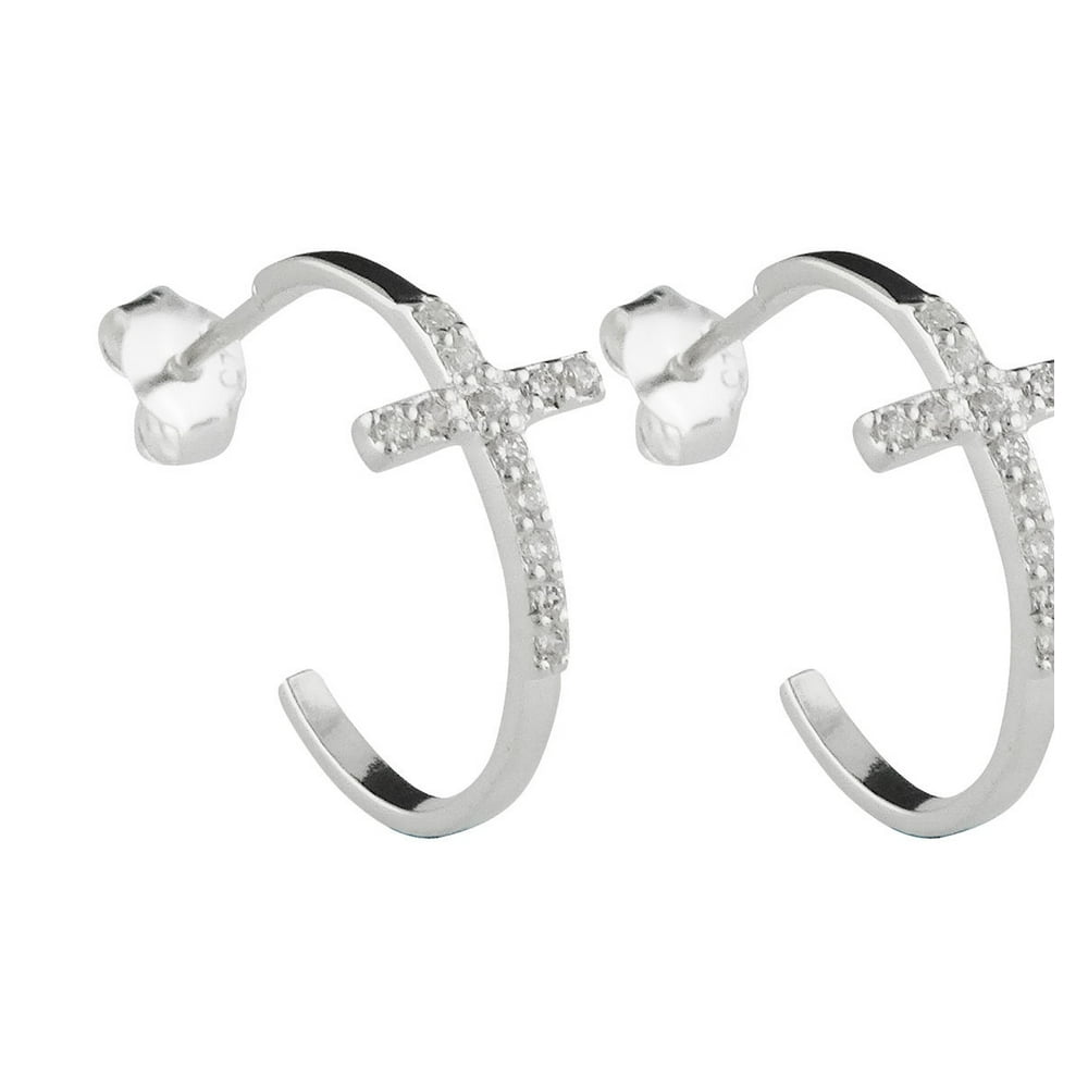 Fashionjunkie4Life CZ Cross Hoop Post Earrings 925 Sterling Silver
