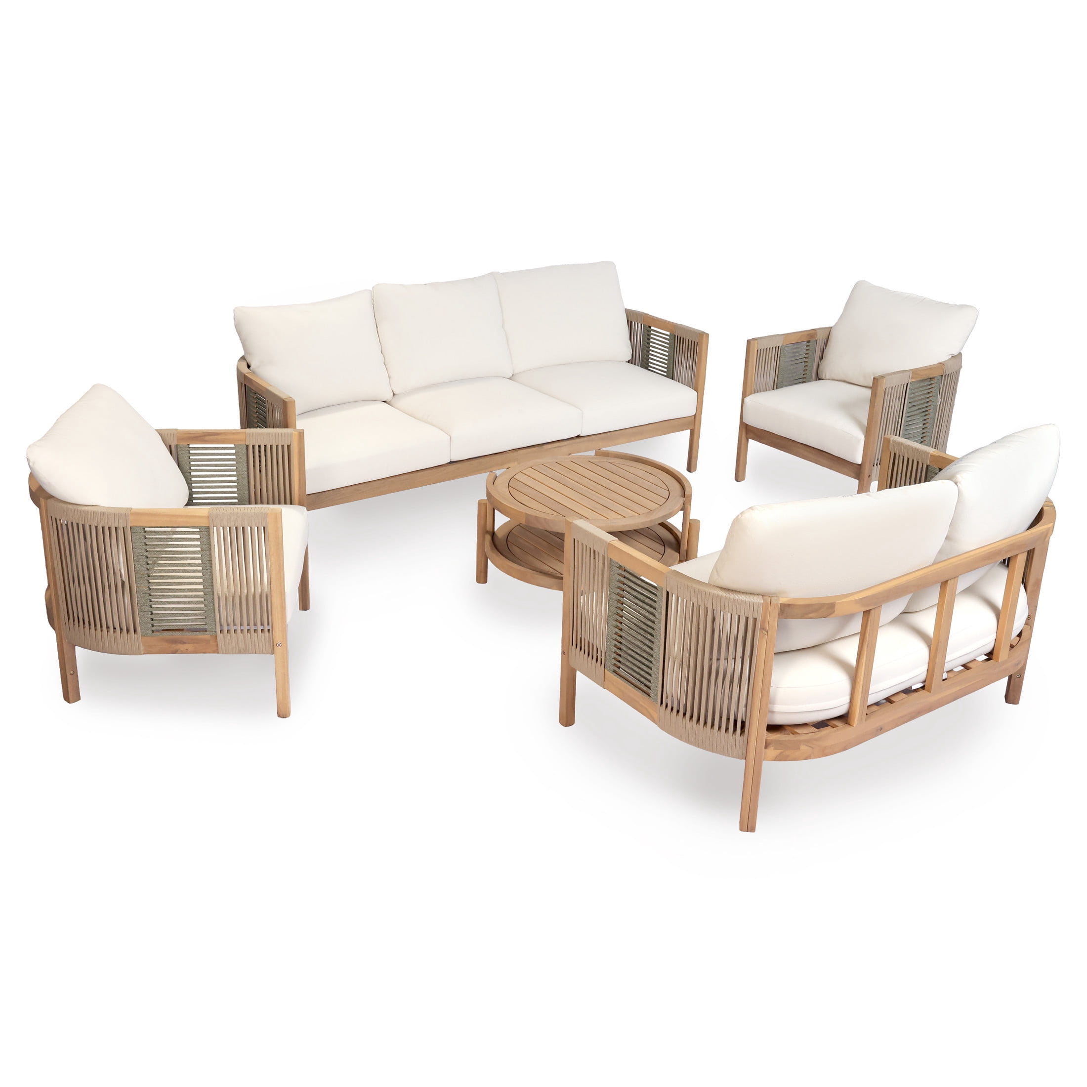 Christopher Knight Home 5-Piece Boho Outdoor Conversation Set with Cushions and Rope Accents, Teak+Beige