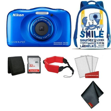 Nikon Coolpix W150 Kid-Friendly Rugged Waterproof Digital Camera (Blue) Bundle with Blue Backpack + 32GB SanDisk Memory Card + More (Intl