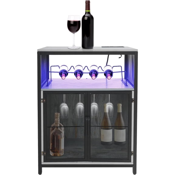 Wine Bar Cabinet with RGB Light and Outlet Brown Free Standing Wine Rack Table Liquor Bar for Living Room Dining Room or Kitchen Bar Stand with Remote Control