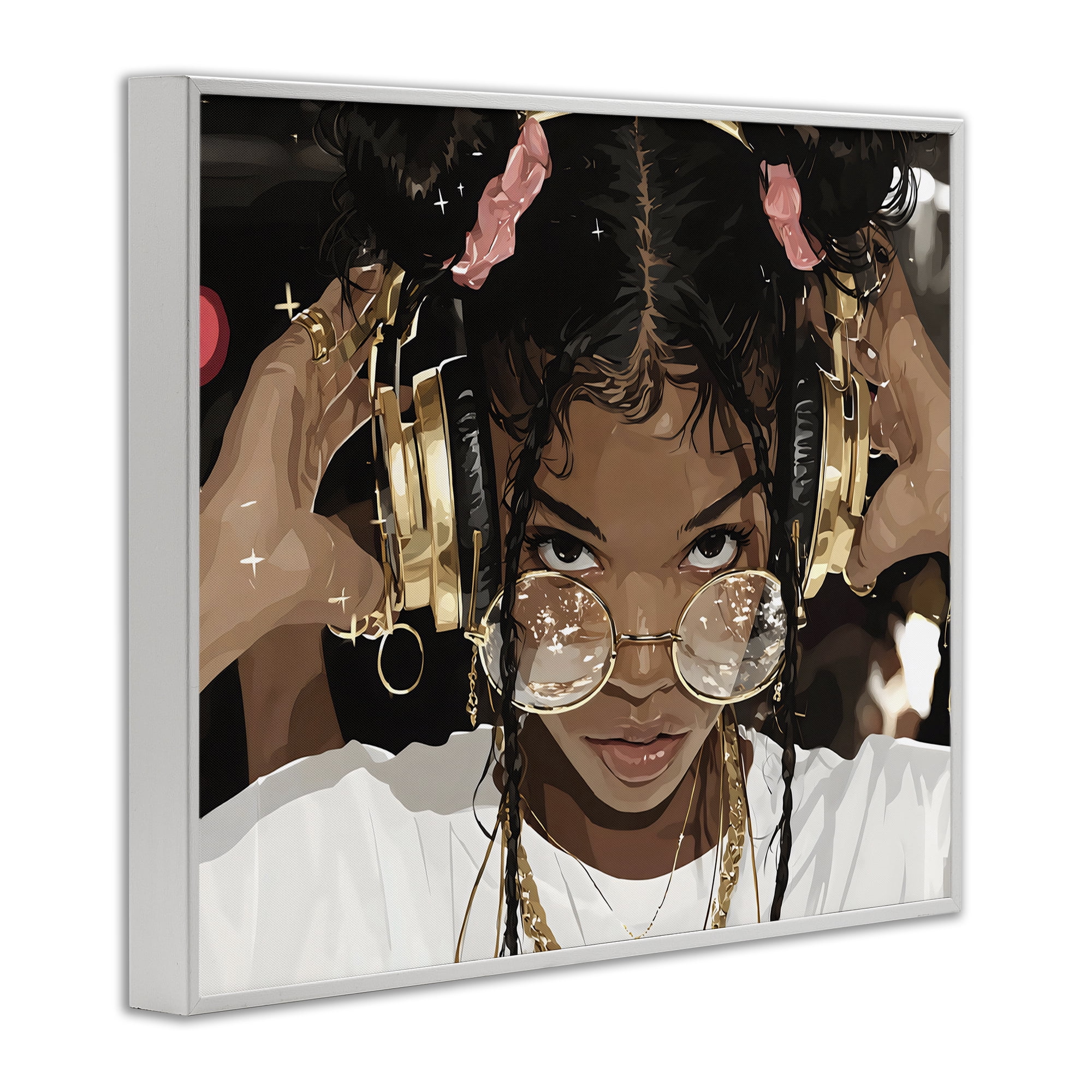 Stupell Industries Trendy Girl with Gold Headphones White Framed Giclee Art, design by Franklyn Gregory