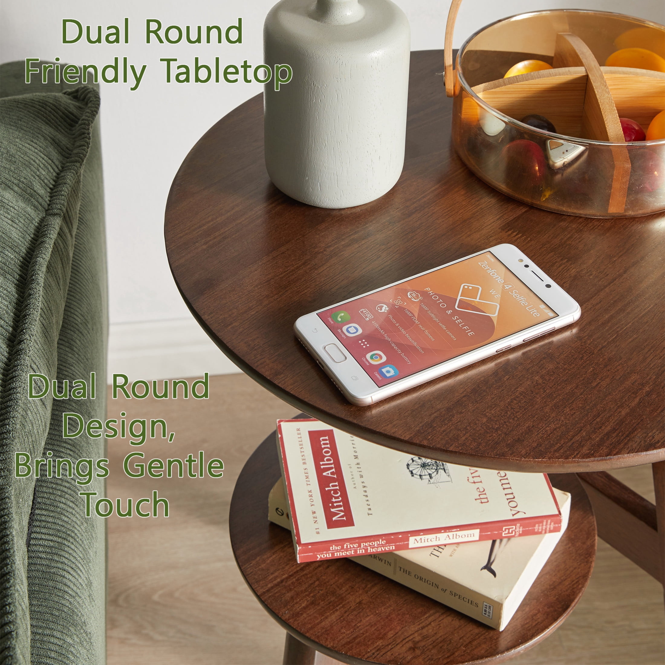 Noble House Round End Table with 2-Tier Storage Shelf, Small Side Table for Living Room or Bedroom, Walnut