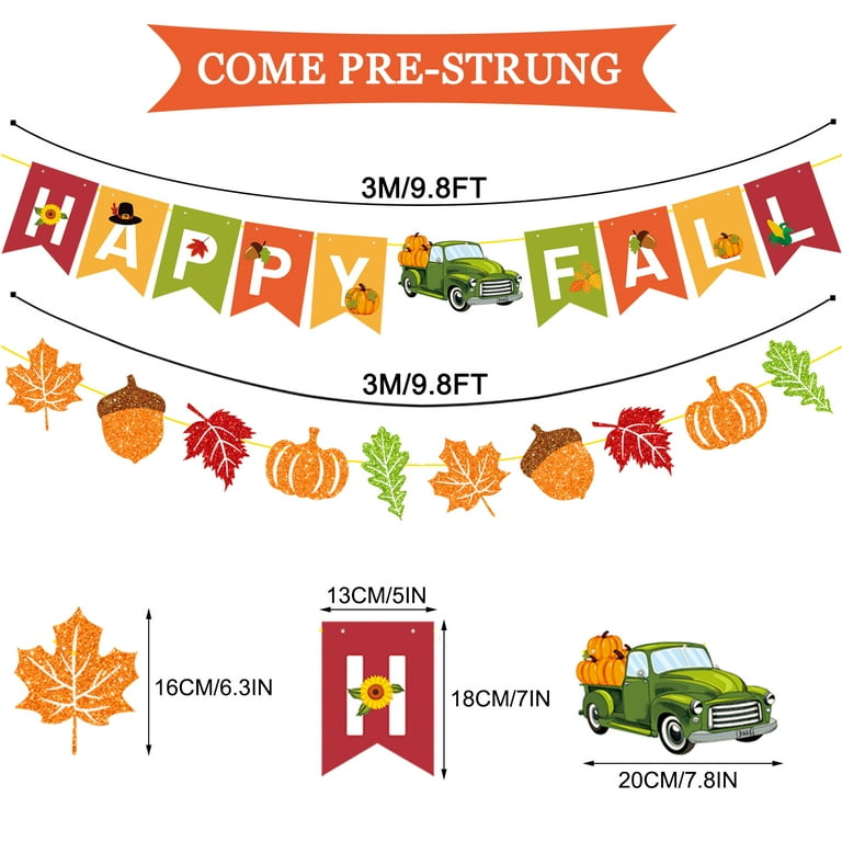 YQUQWN Happy Fall Banner Garland - 10ft Long With Pumpkins & Maple Leaves, Thanksgiving & Autumn Decor