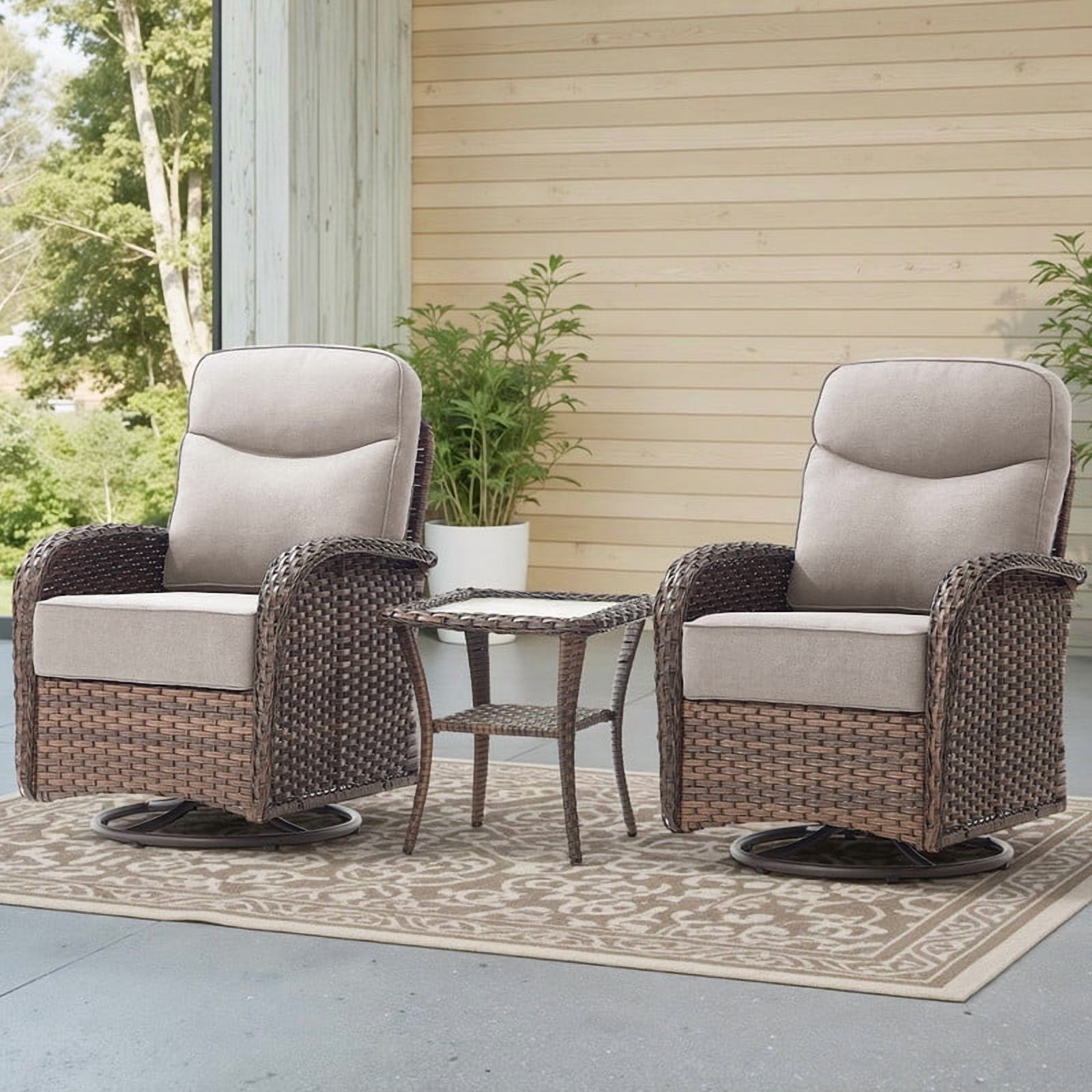 Giantfurnni 3-Piece Patio Wicker Swivel Rocking Chairs with Side Table Outdoor Rattan Conversation Furniture Patio Bistro Set with 6" Thick Cushions for Porch Garden Deck, Beige