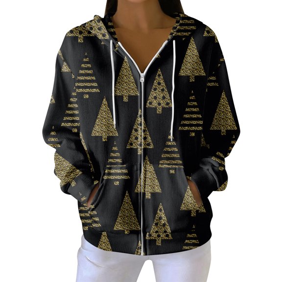 Women's Casual Fashion Long-Sleeve Zip-Up Hoodie with Christmas Print, Knitted Pullover for Comfortable Wear and Style,Earthy Yellow,2XL