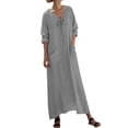 thumbnail image 2 of Women's Linen Maxi Dress, V Neck Bow Tie Detail Midi Dress with Pockets, Cotton Linen Beach Cover Up for Brunch, Travel and Summer Vacation Grey M, 2 of 5