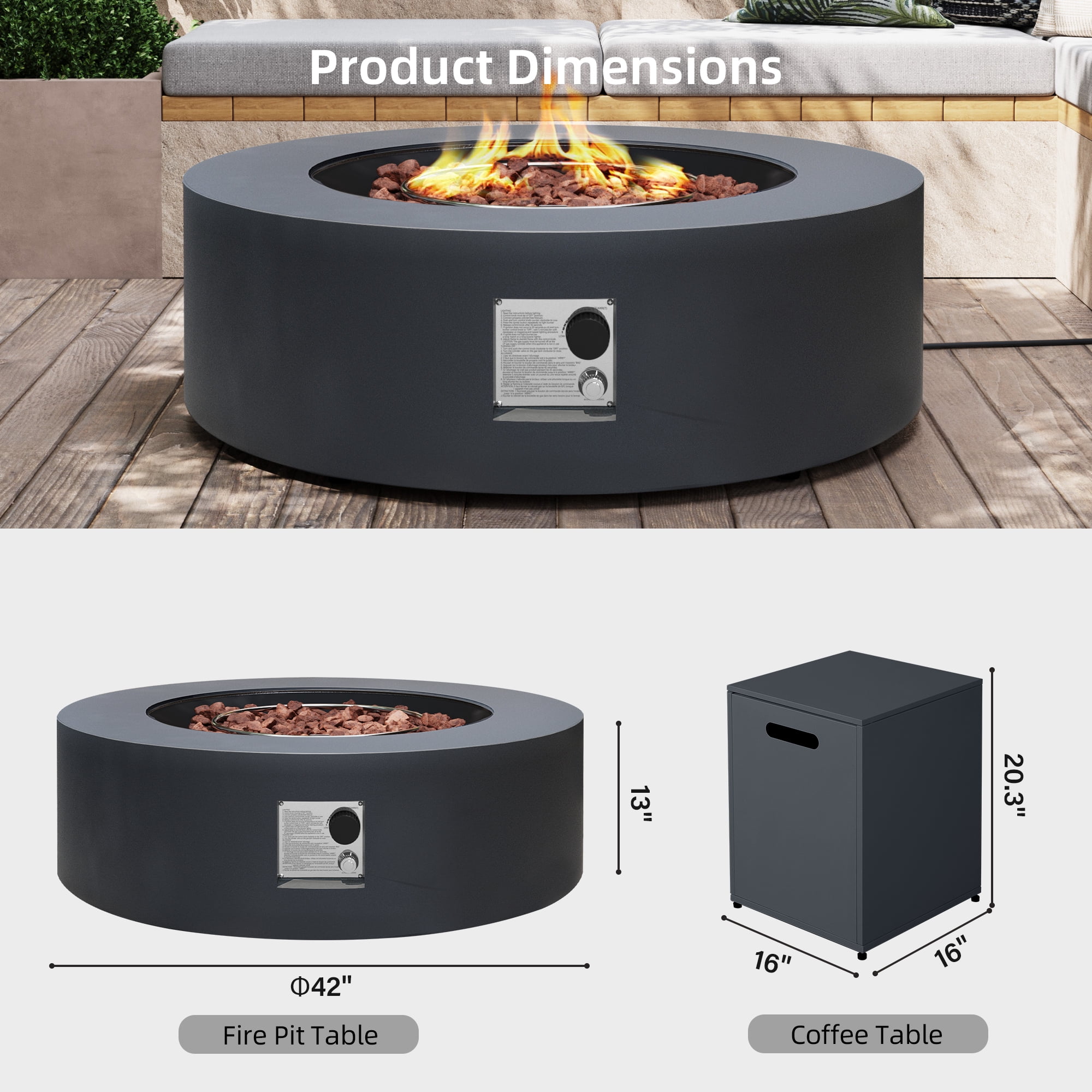 UPHA 42-inch Outdoor Propane Round Fire Pit Table 50000 BTU Iron Gas FirePit for Outside Patio with Tank Cover, Removable Lid, Lava Rocks, Rain Cover, Grey