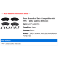thumbnail image 2 of Front Brake Pad Set - Compatible with 1997 - 2002 Cadillac Eldorado 1998 1999 2000 2001, 2 of 2